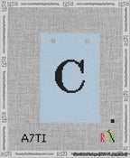 A taped needlepoint canvas with the design: Banner 13 mesh count Squared C Black on Light Blue.