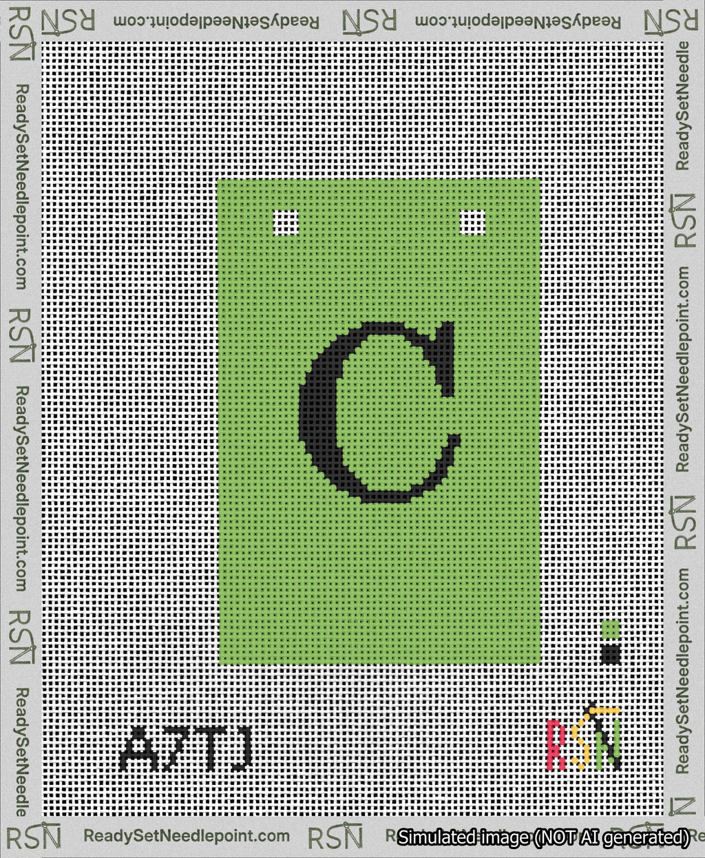 A taped needlepoint canvas with the design: Banner 13 mesh count Squared C Black on Light Green.