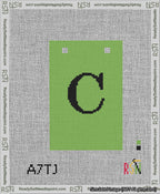 A taped needlepoint canvas with the design: Banner 13 mesh count Squared C Black on Light Green.