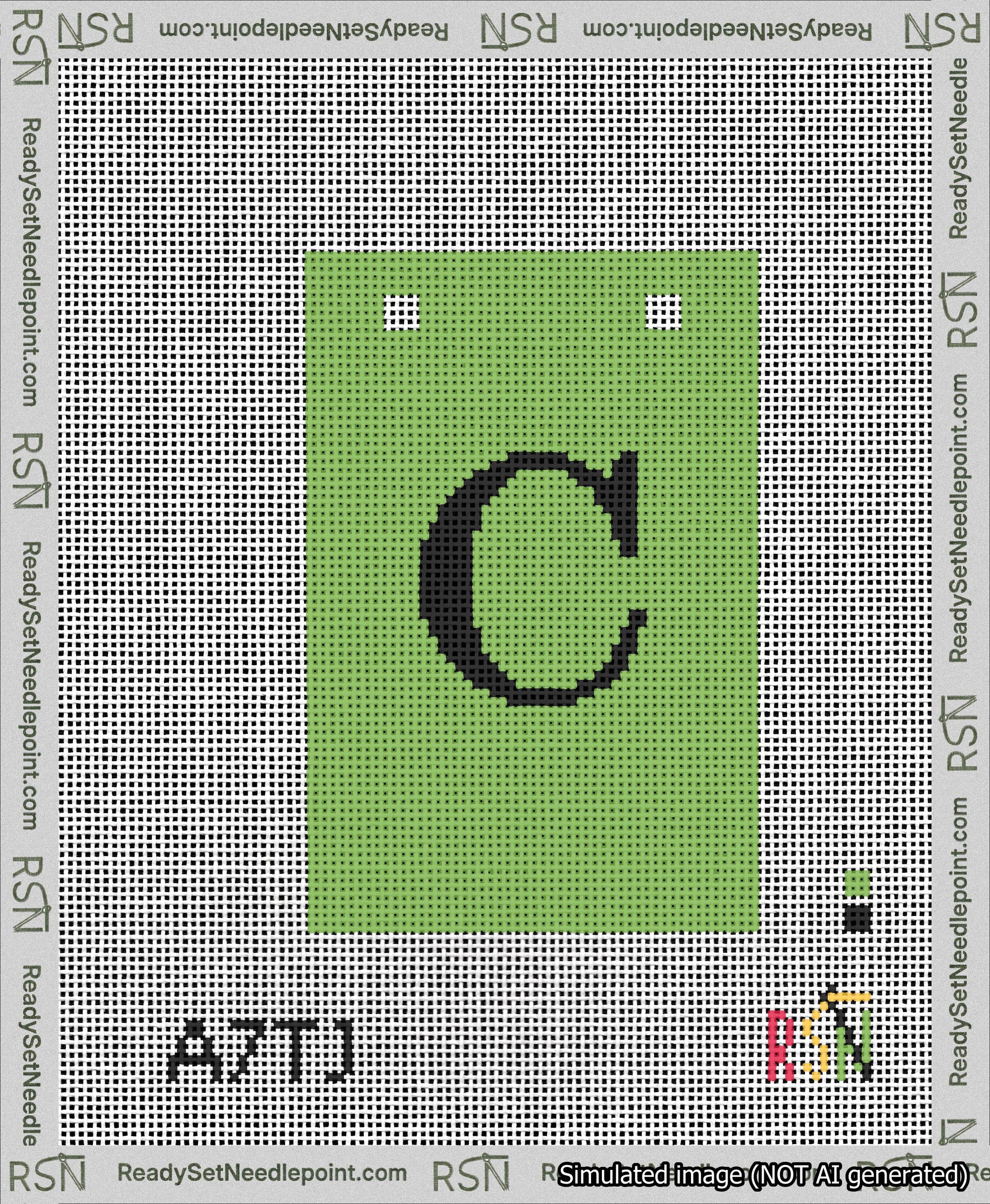 A taped needlepoint canvas with the design: Banner 13 mesh count Squared C Black on Light Green.