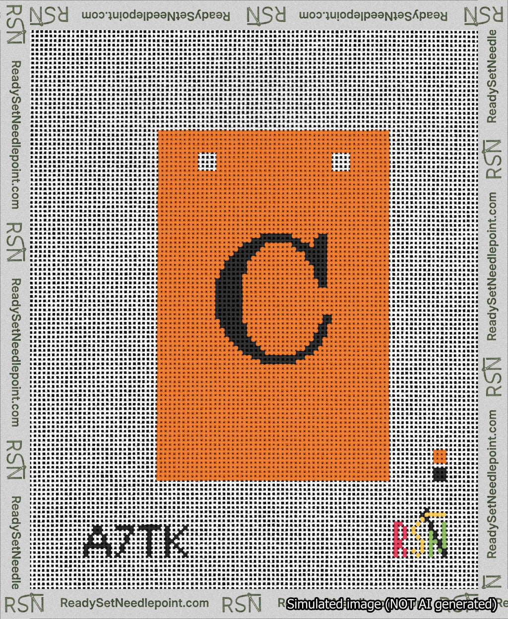 A taped needlepoint canvas with the design: Banner 13 mesh count Squared C Black on Orange.