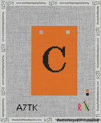 A taped needlepoint canvas with the design: Banner 13 mesh count Squared C Black on Orange.