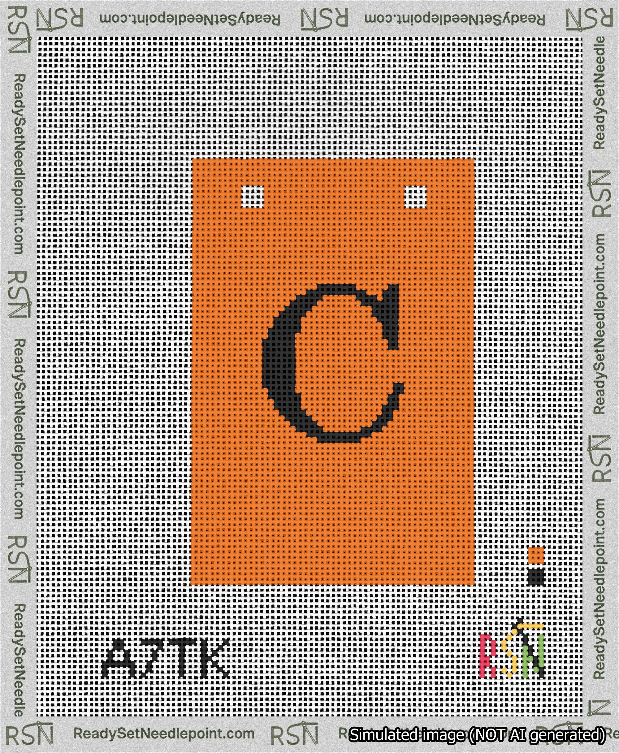 A taped needlepoint canvas with the design: Banner 13 mesh count Squared C Black on Orange.