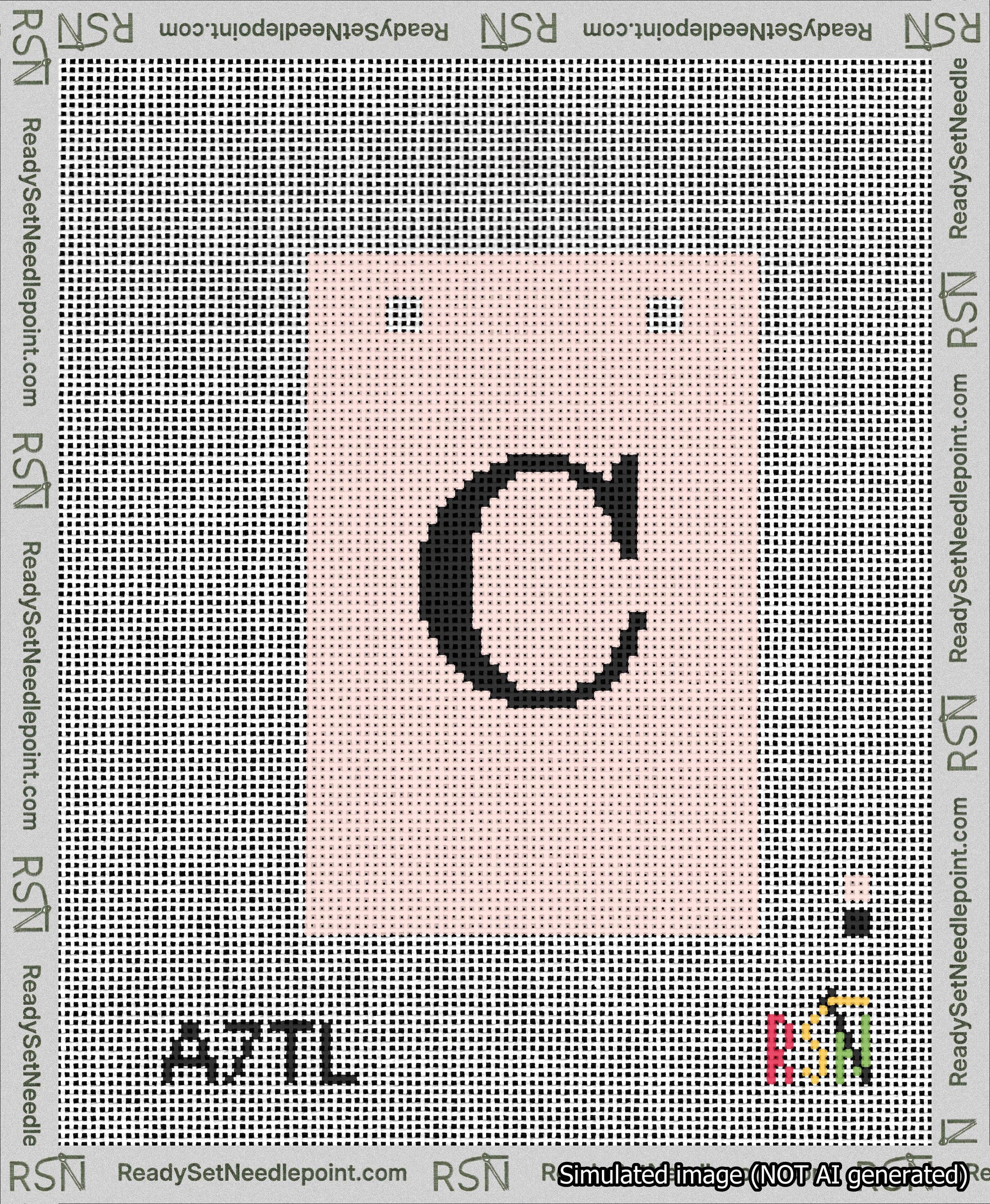 A taped needlepoint canvas with the design: Banner 13 mesh count Squared C Black on Pink.