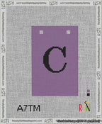 A taped needlepoint canvas with the design: Banner 13 mesh count Squared C Black on Purple.
