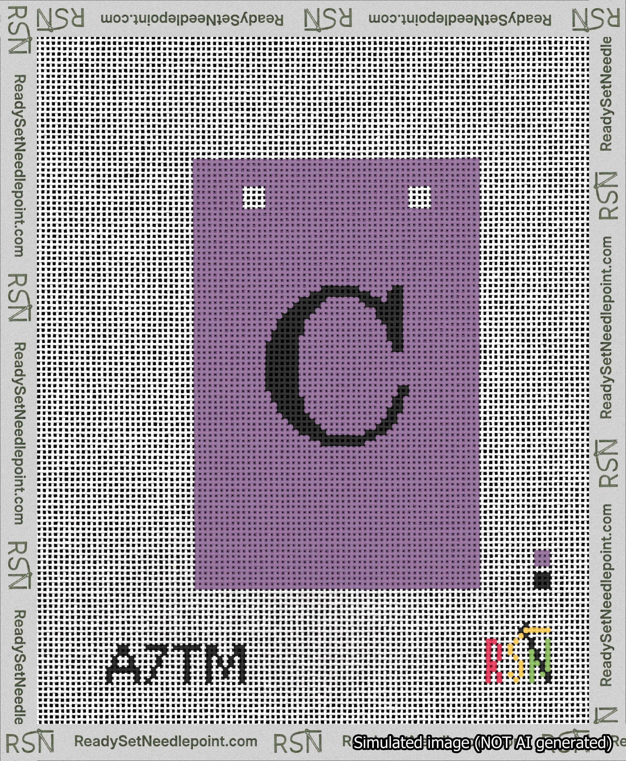 A taped needlepoint canvas with the design: Banner 13 mesh count Squared C Black on Purple.