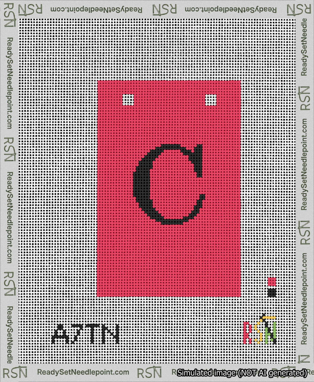 A taped needlepoint canvas with the design: Banner 13 mesh count Squared C Black on Red.