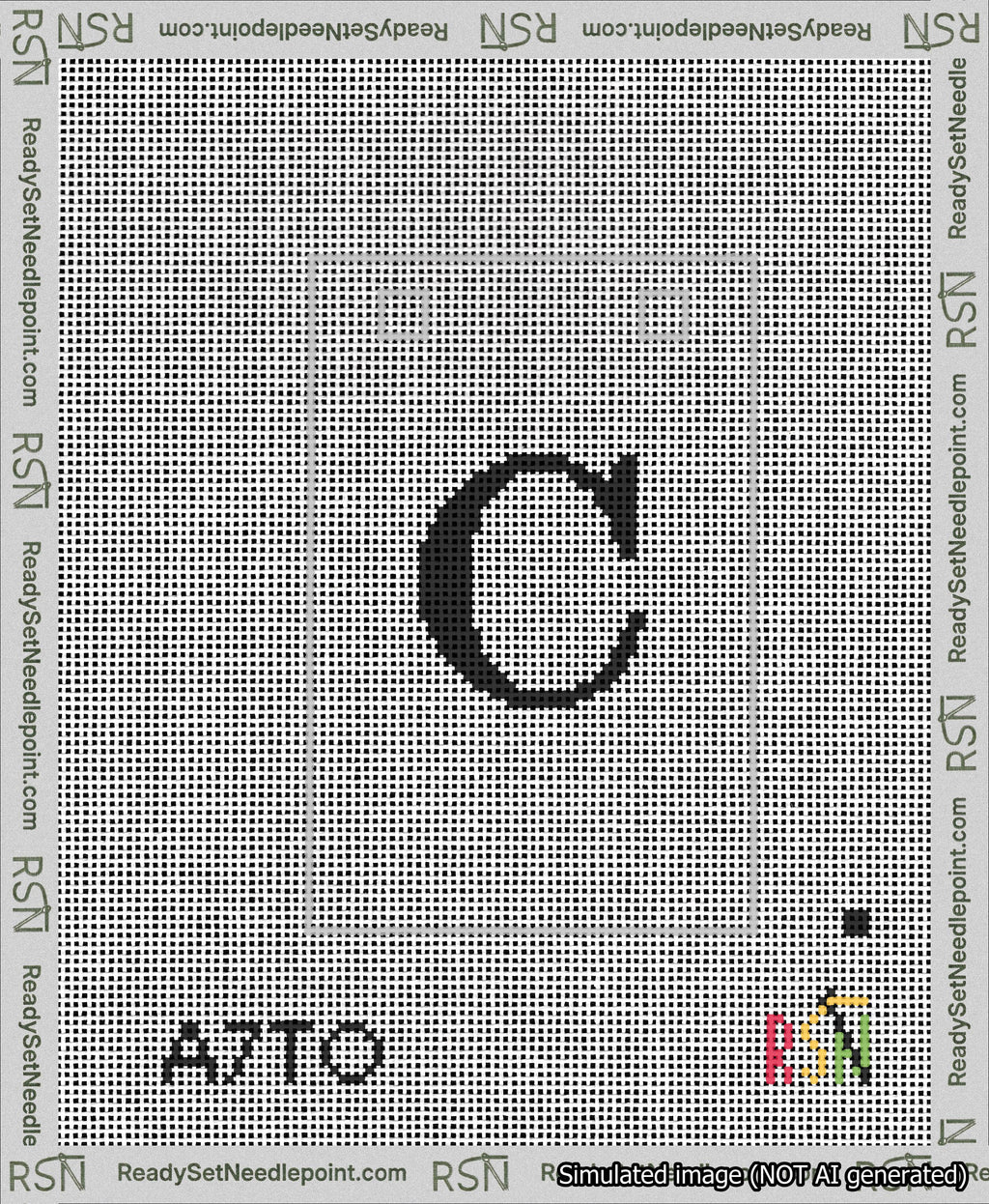 A taped needlepoint canvas with the design: Banner 13 mesh count Squared C Black on White.