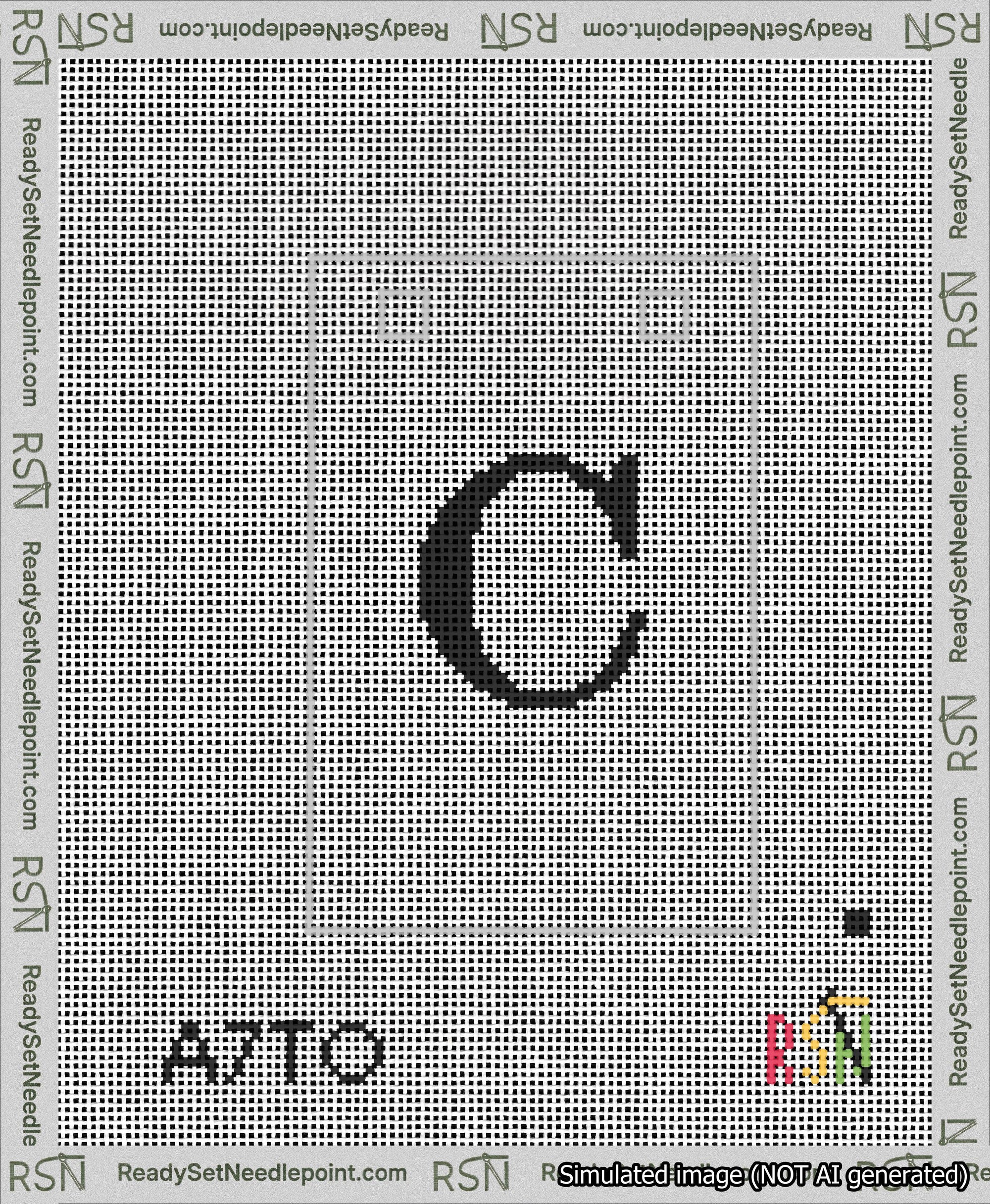 A taped needlepoint canvas with the design: Banner 13 mesh count Squared C Black on White.