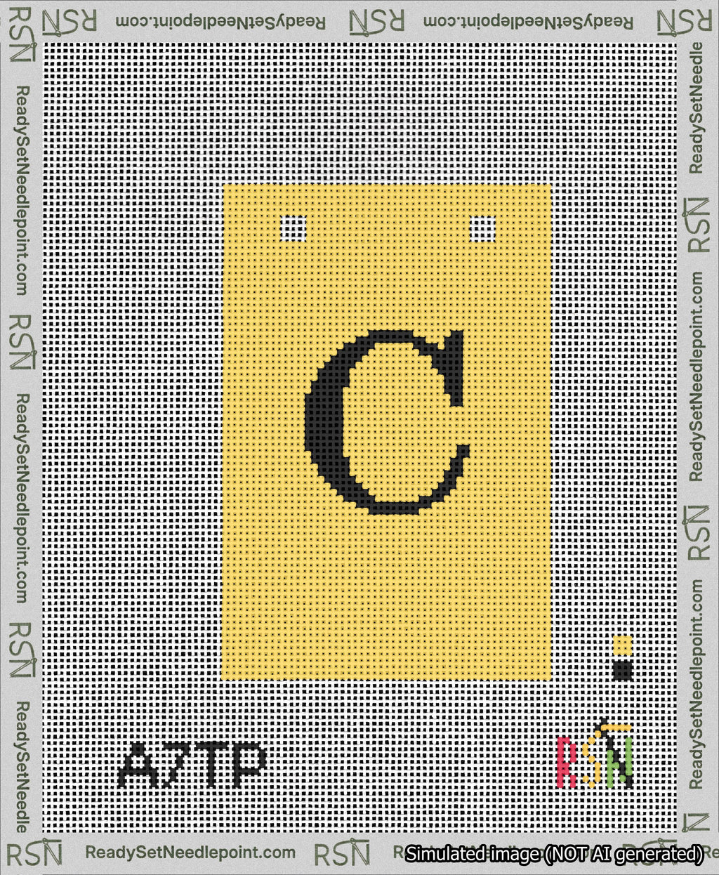 A taped needlepoint canvas with the design: Banner 13 mesh count Squared C Black on Yellow.