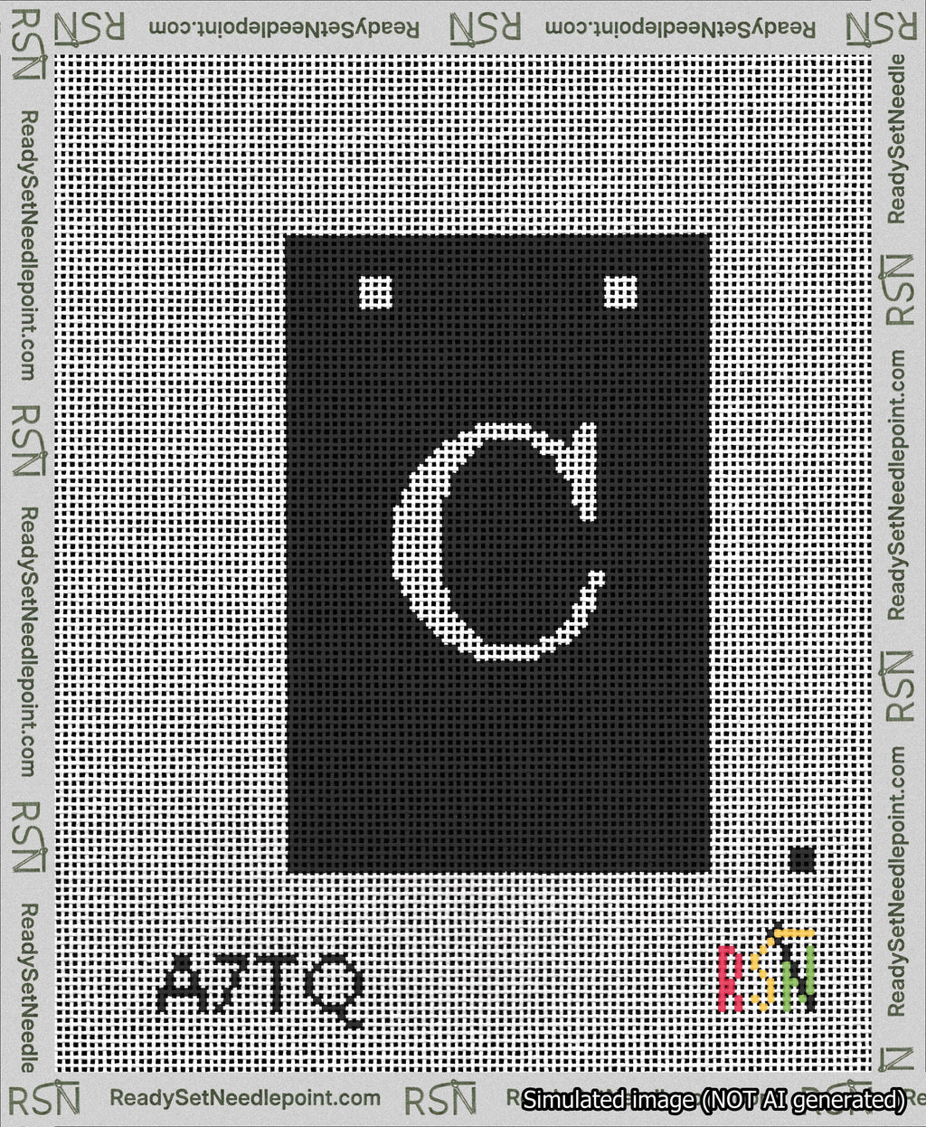 A taped needlepoint canvas with the design: Banner 13 mesh count Squared C White on Black.