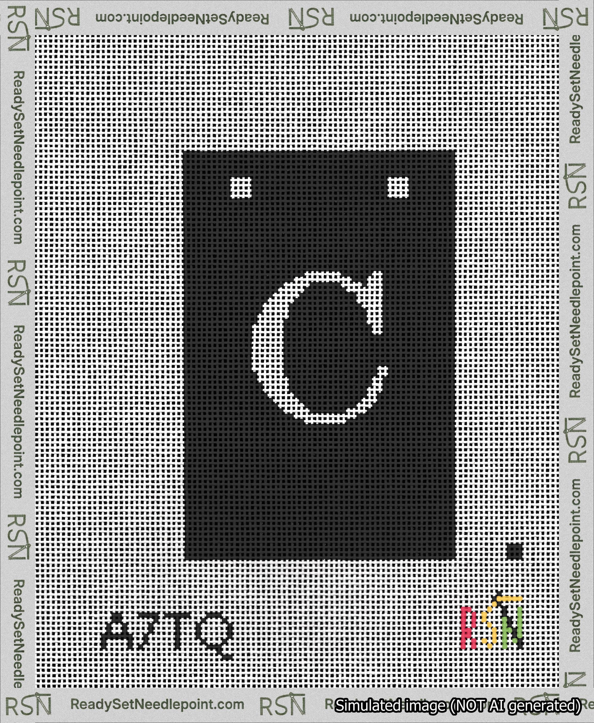 A taped needlepoint canvas with the design: Banner 13 mesh count Squared C White on Black.