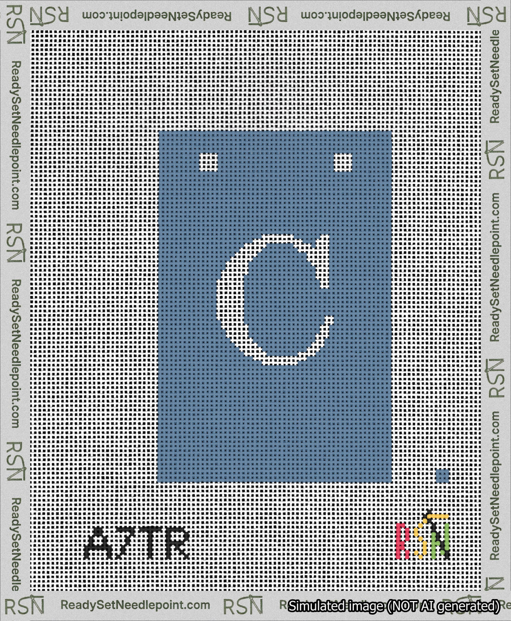 A taped needlepoint canvas with the design: Banner 13 mesh count Squared C White on Blue.