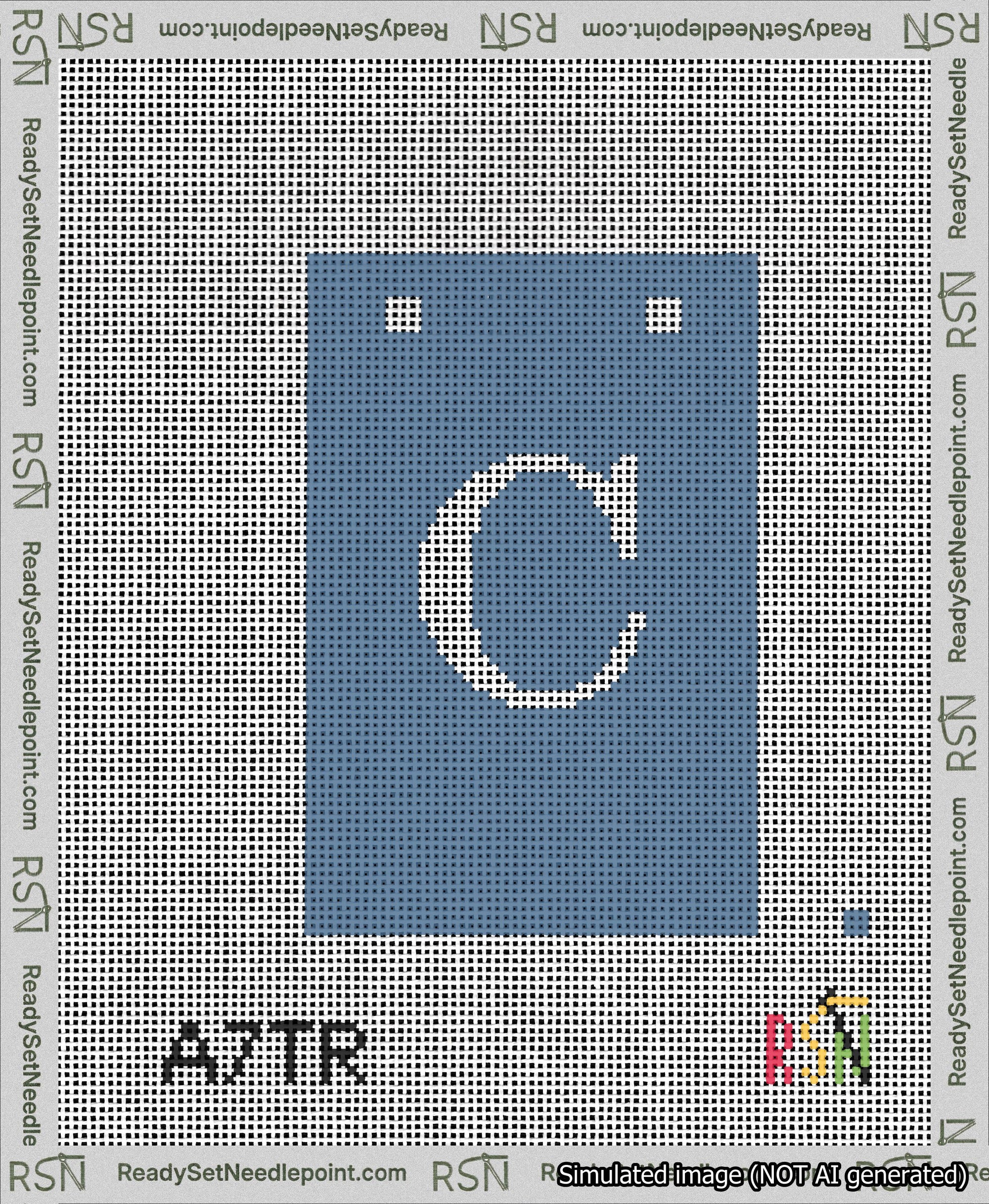 A taped needlepoint canvas with the design: Banner 13 mesh count Squared C White on Blue.