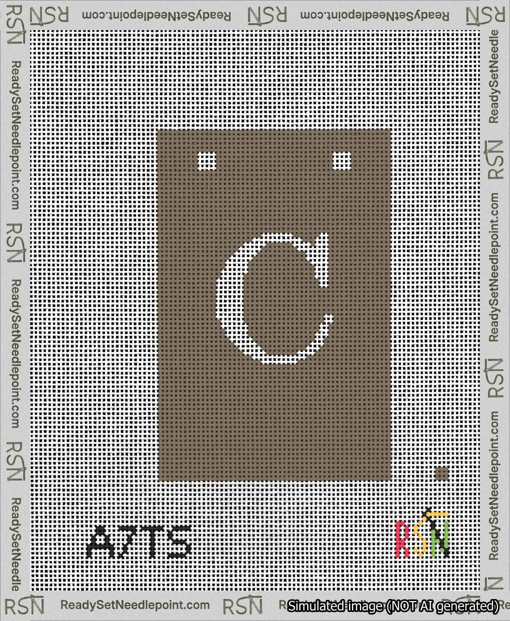 A taped needlepoint canvas with the design: Banner 13 mesh count Squared C White on Brown.