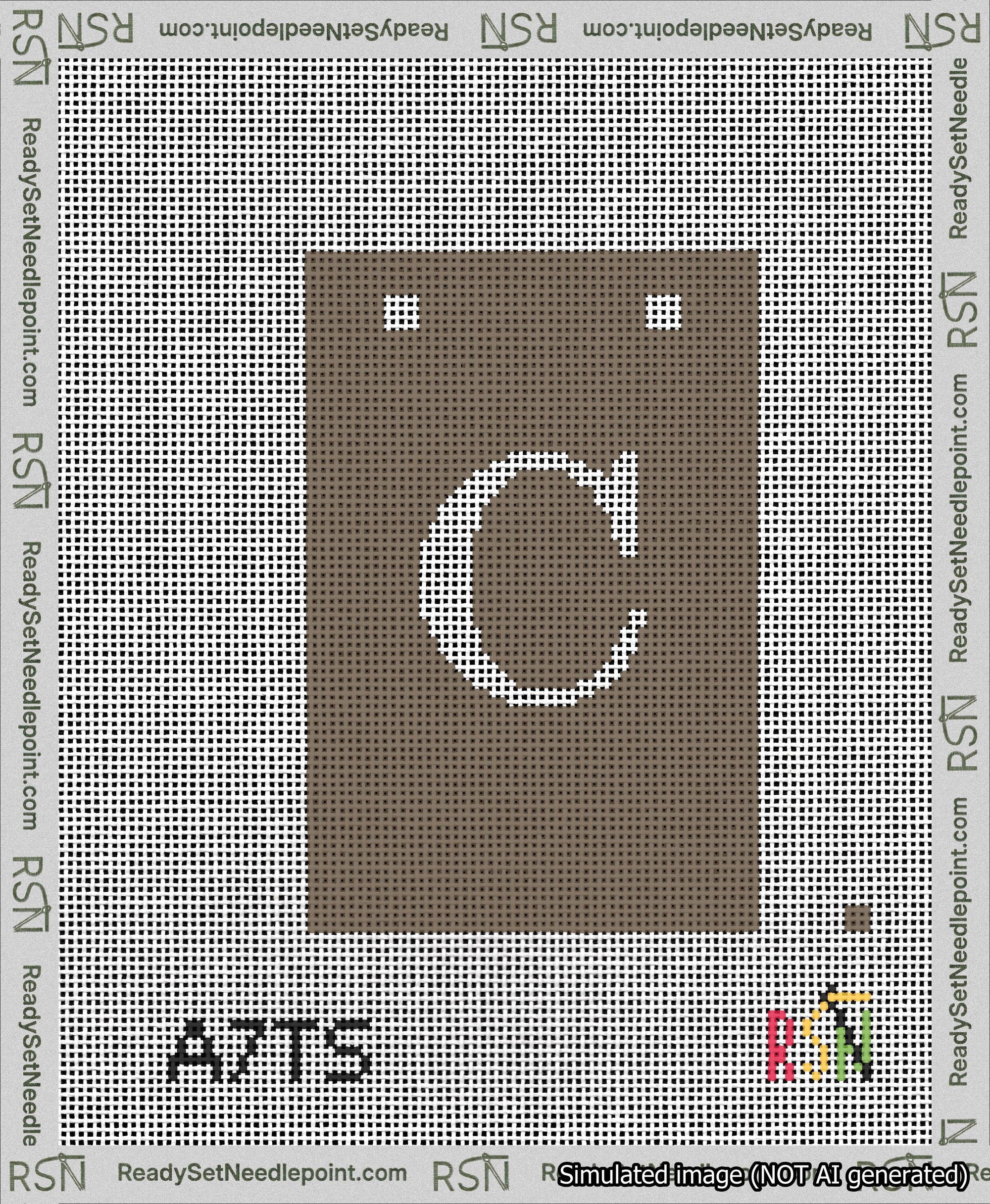 A taped needlepoint canvas with the design: Banner 13 mesh count Squared C White on Brown.