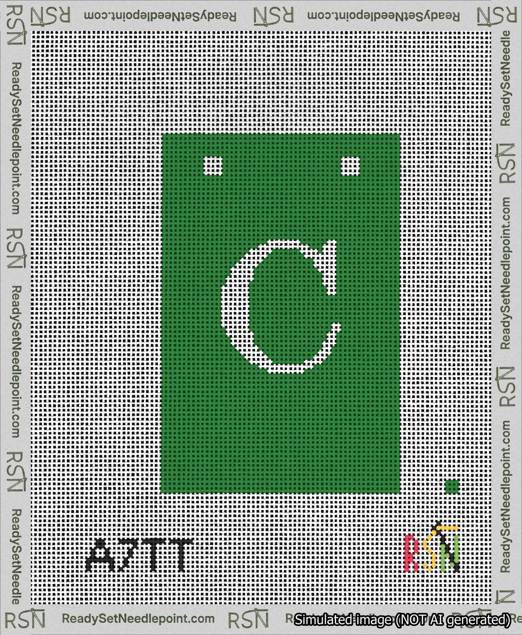 A taped needlepoint canvas with the design: Banner 13 mesh count Squared C White on Green.