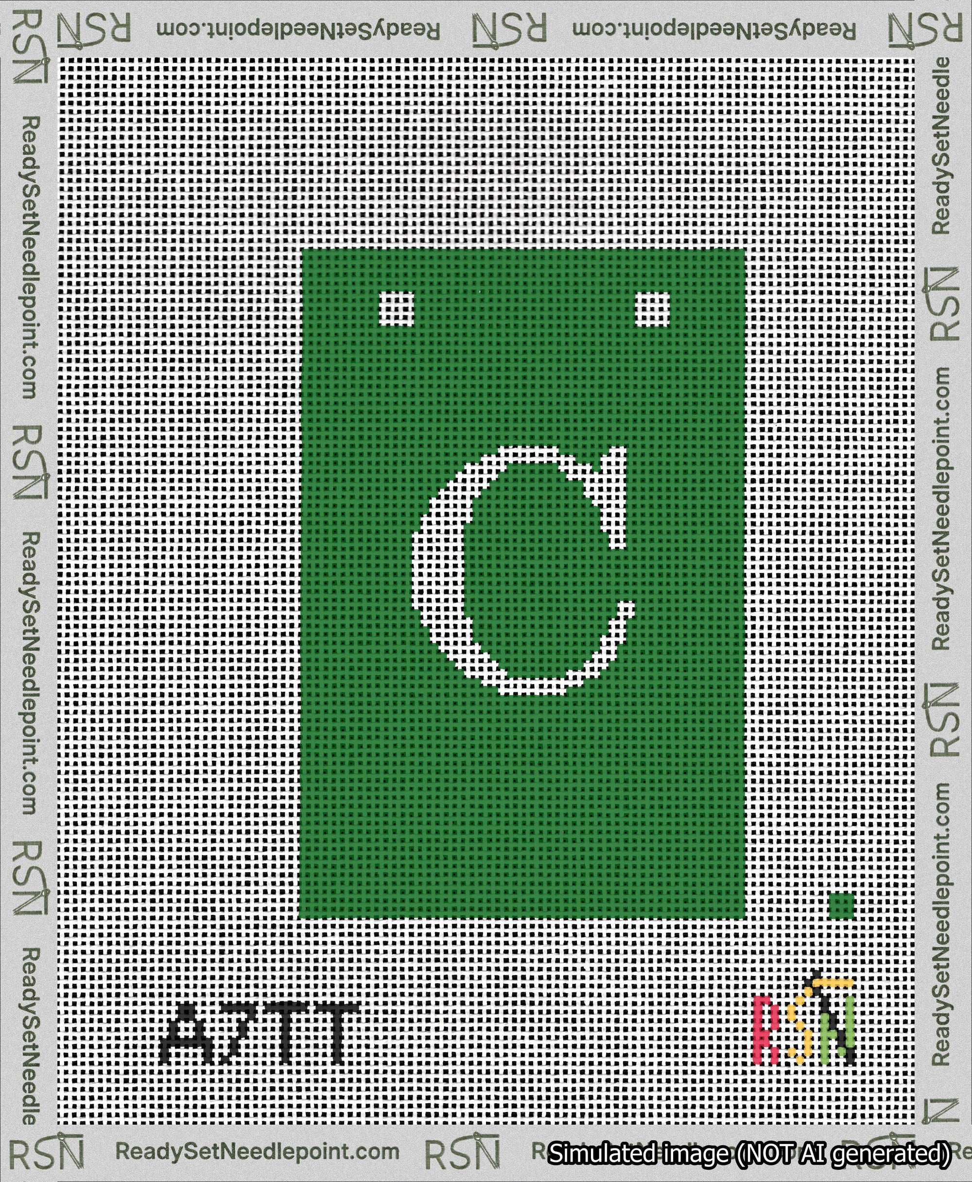 A taped needlepoint canvas with the design: Banner 13 mesh count Squared C White on Green.