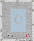 A taped needlepoint canvas with the design: Banner 13 mesh count Squared C White on Light Blue.