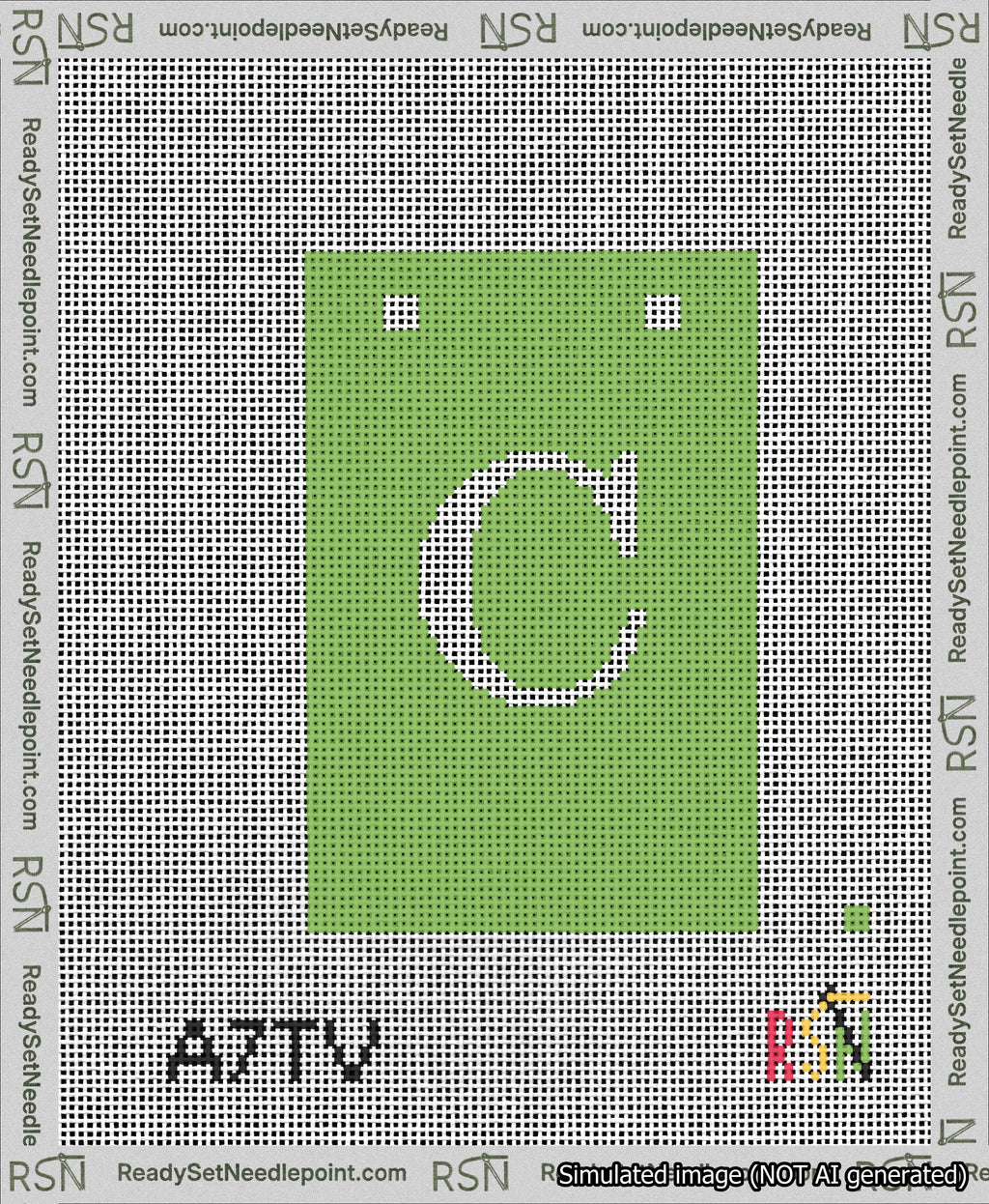 A taped needlepoint canvas with the design: Banner 13 mesh count Squared C White on Light Green.