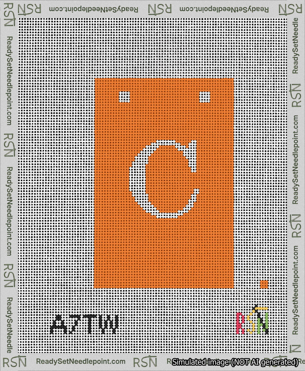 A taped needlepoint canvas with the design: Banner 13 mesh count Squared C White on Orange.