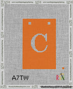 A taped needlepoint canvas with the design: Banner 13 mesh count Squared C White on Orange.