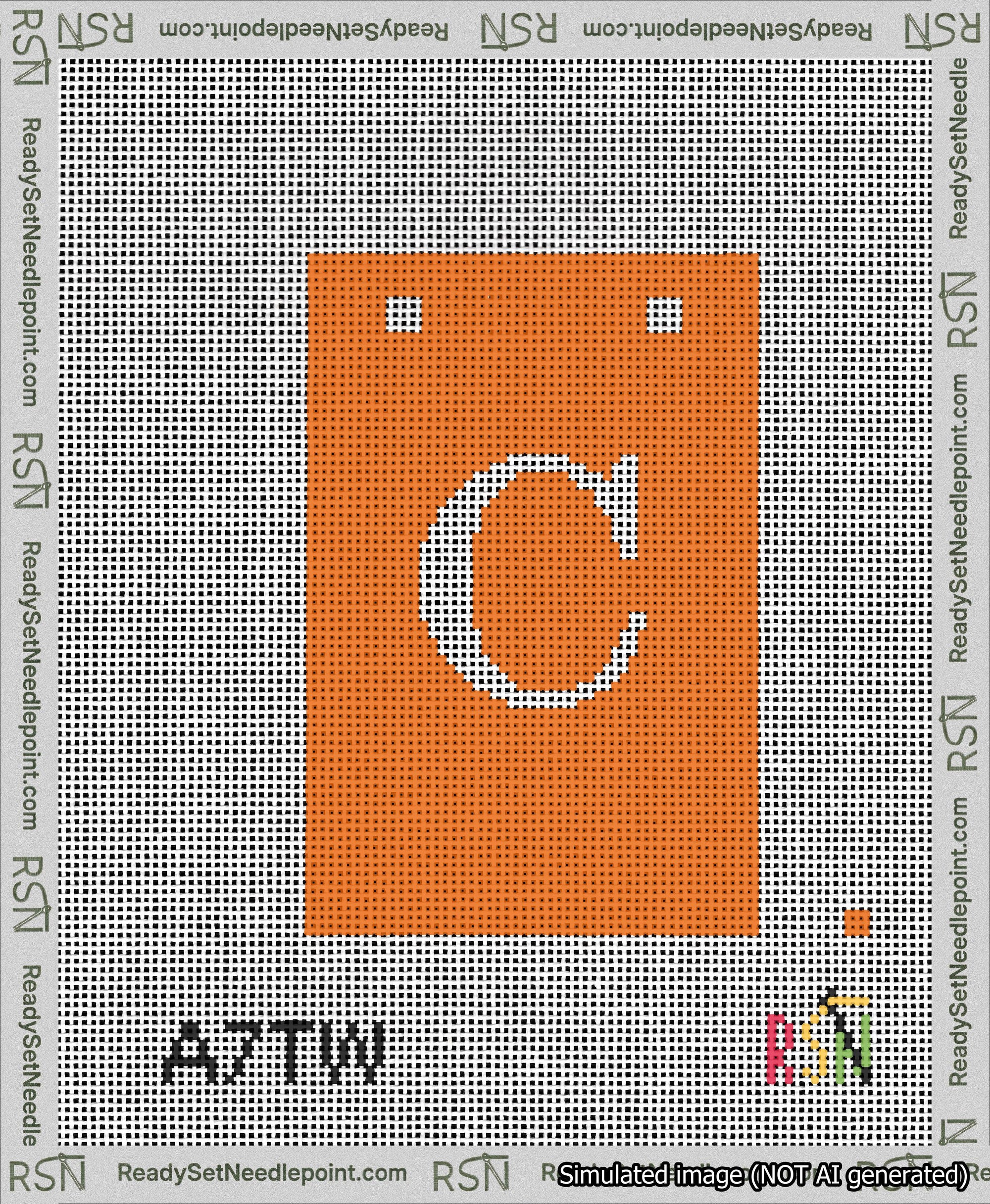 A taped needlepoint canvas with the design: Banner 13 mesh count Squared C White on Orange.