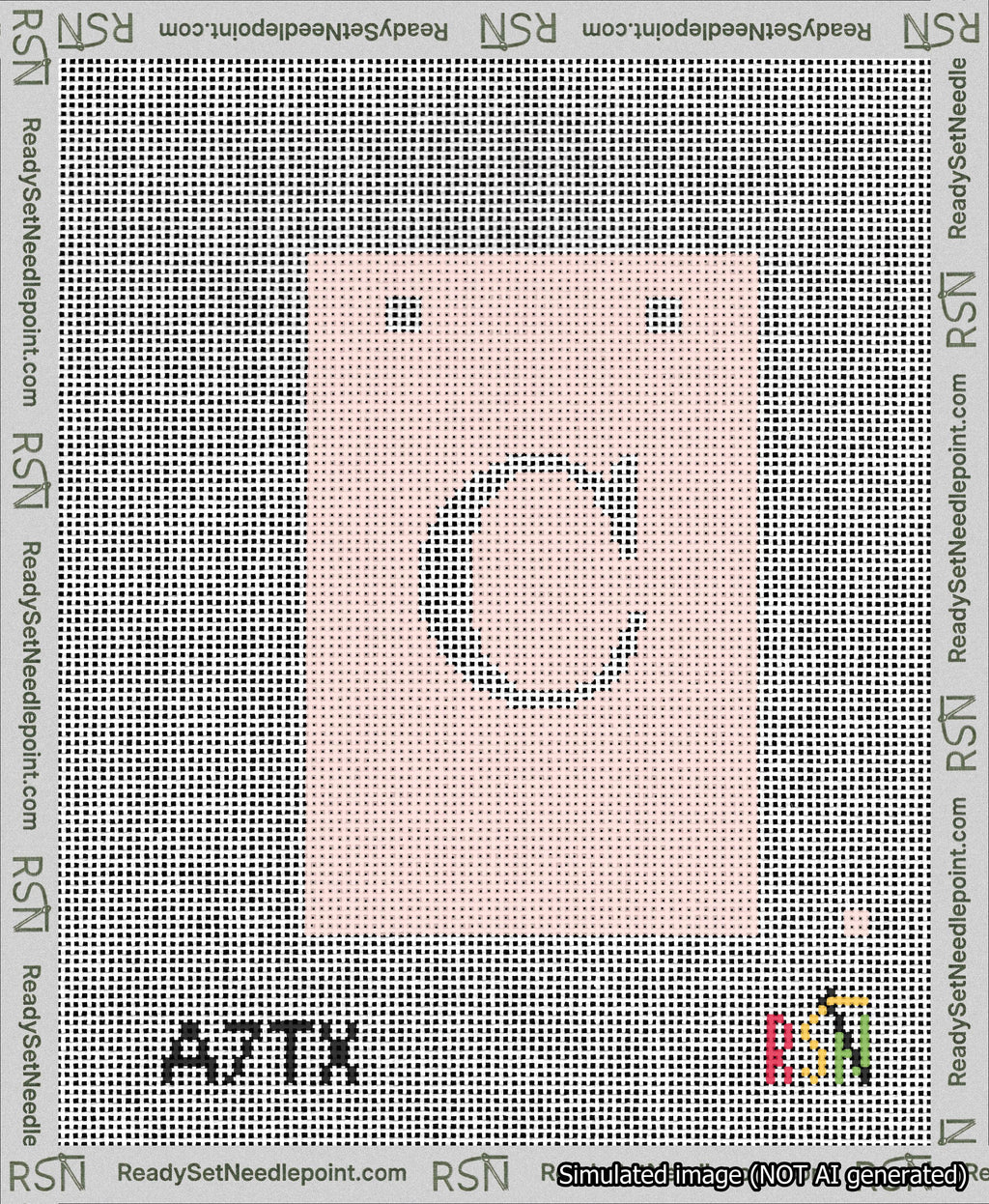 A taped needlepoint canvas with the design: Banner 13 mesh count Squared C White on Pink.