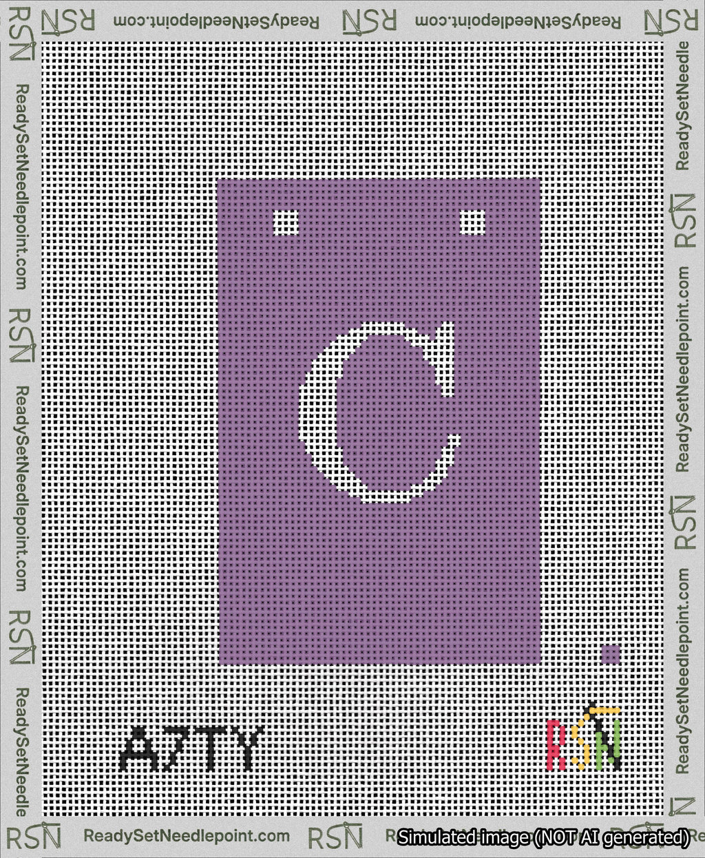 A taped needlepoint canvas with the design: Banner 13 mesh count Squared C White on Purple.