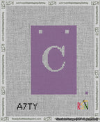 A taped needlepoint canvas with the design: Banner 13 mesh count Squared C White on Purple.