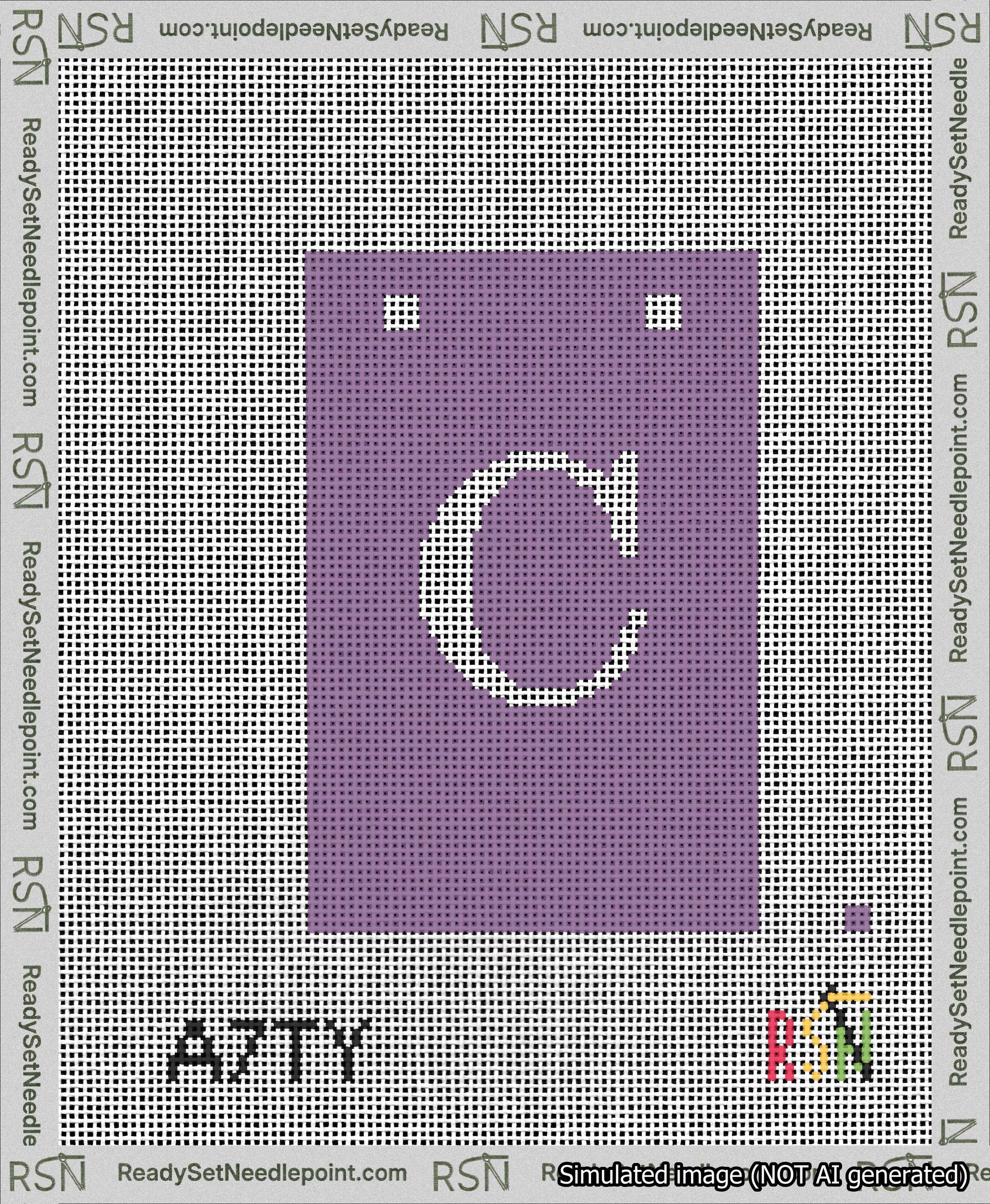 A taped needlepoint canvas with the design: Banner 13 mesh count Squared C White on Purple.