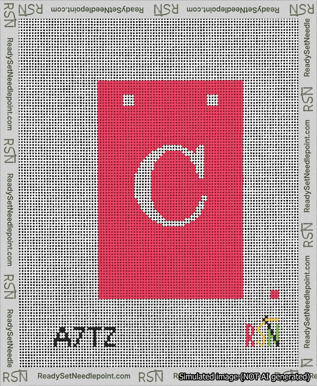 A taped needlepoint canvas with the design: Banner 13 mesh count Squared C White on Red.