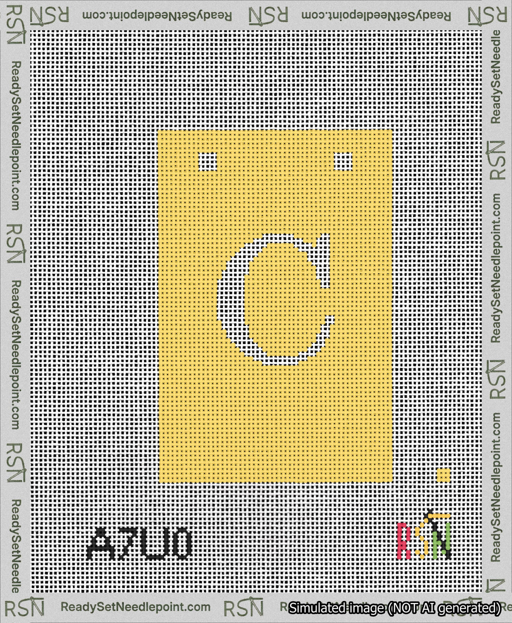 A taped needlepoint canvas with the design: Banner 13 mesh count Squared C White on Yellow.