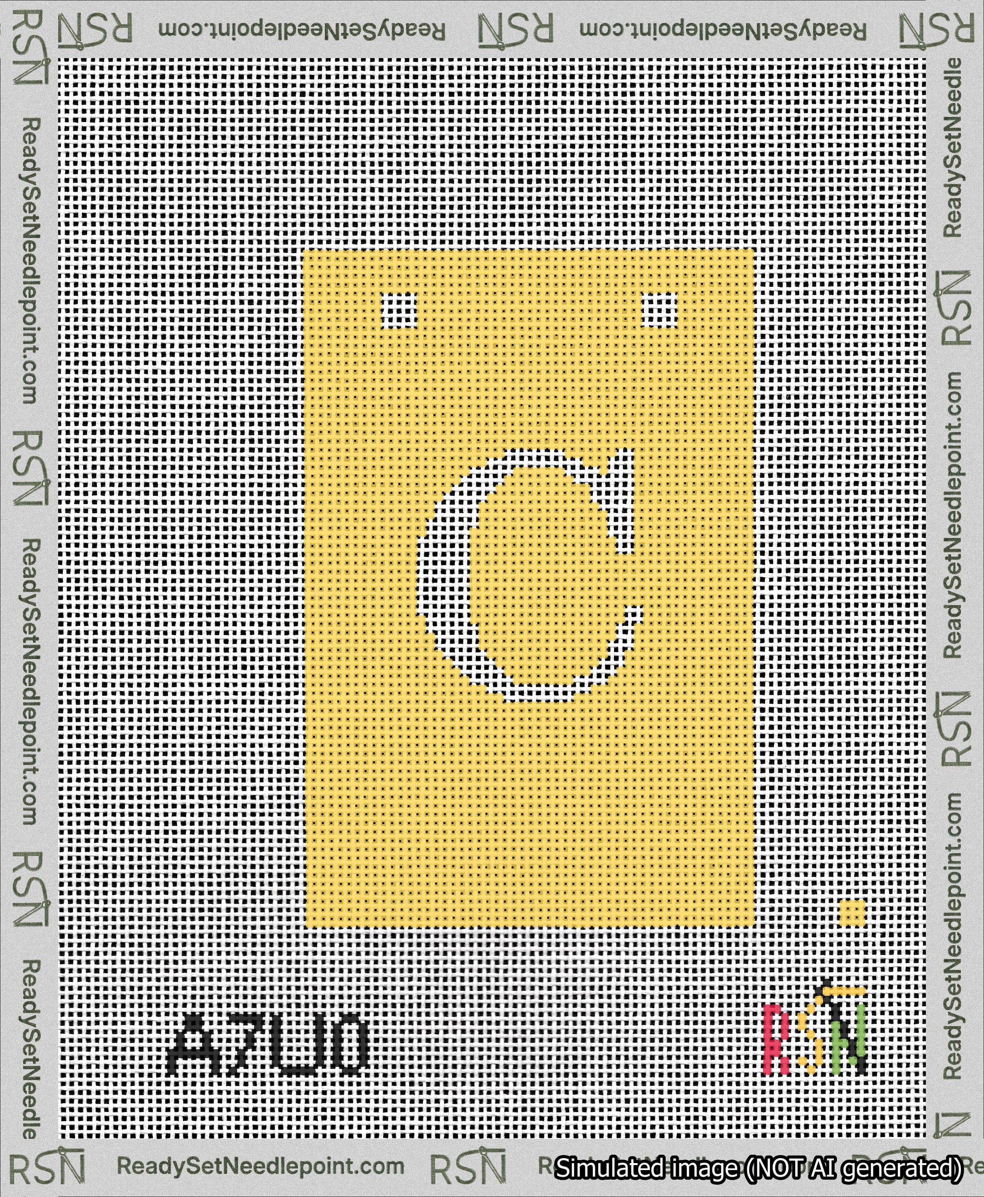 A taped needlepoint canvas with the design: Banner 13 mesh count Squared C White on Yellow.