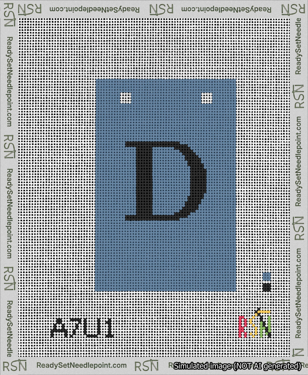 A taped needlepoint canvas with the design: Banner 13 mesh count Squared D Black on Blue.