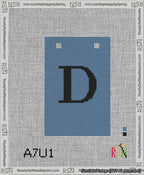 A taped needlepoint canvas with the design: Banner 13 mesh count Squared D Black on Blue.