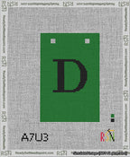 A taped needlepoint canvas with the design: Banner 13 mesh count Squared D Black on Green.