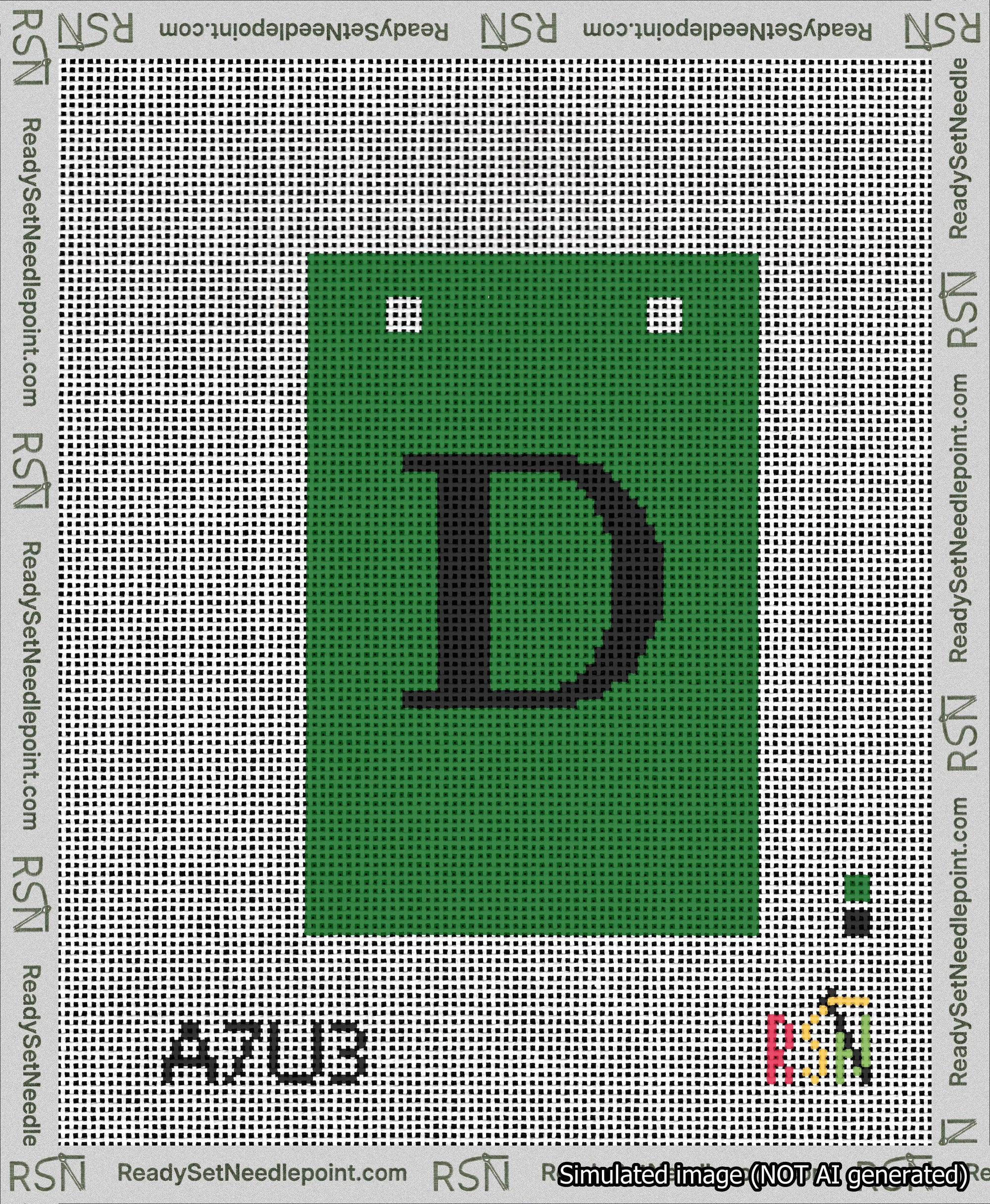 A taped needlepoint canvas with the design: Banner 13 mesh count Squared D Black on Green.