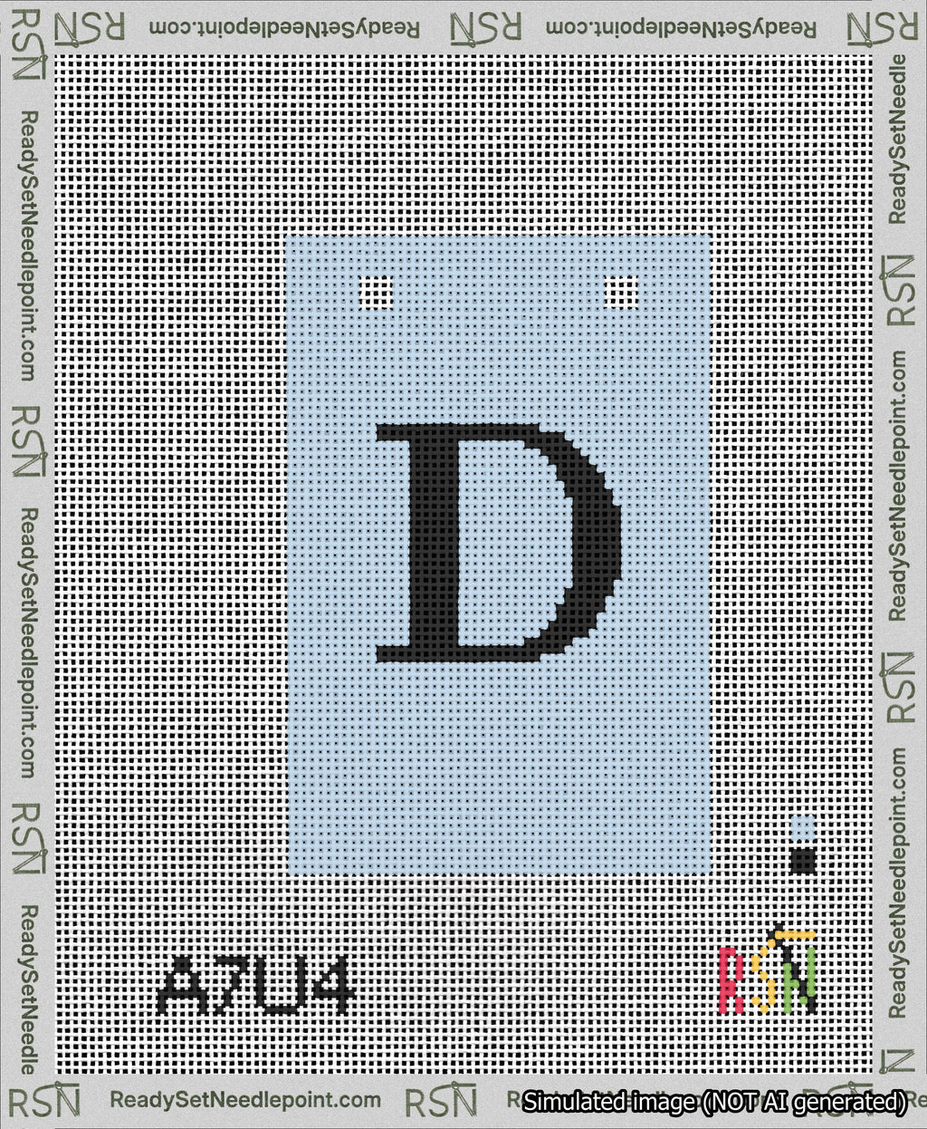 A taped needlepoint canvas with the design: Banner 13 mesh count Squared D Black on Light Blue.