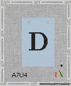 A taped needlepoint canvas with the design: Banner 13 mesh count Squared D Black on Light Blue.