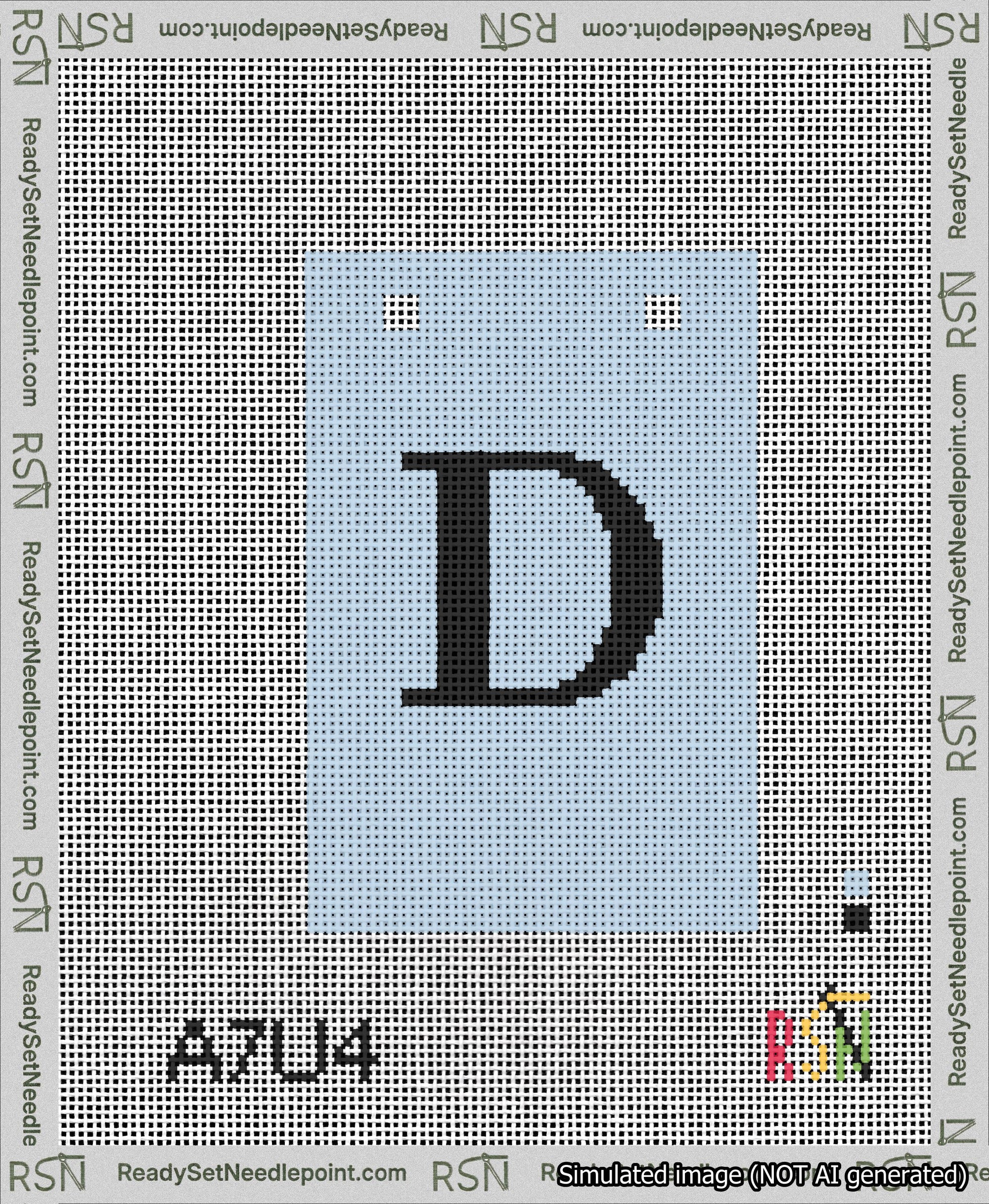 A taped needlepoint canvas with the design: Banner 13 mesh count Squared D Black on Light Blue.