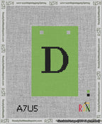 A taped needlepoint canvas with the design: Banner 13 mesh count Squared D Black on Light Green.