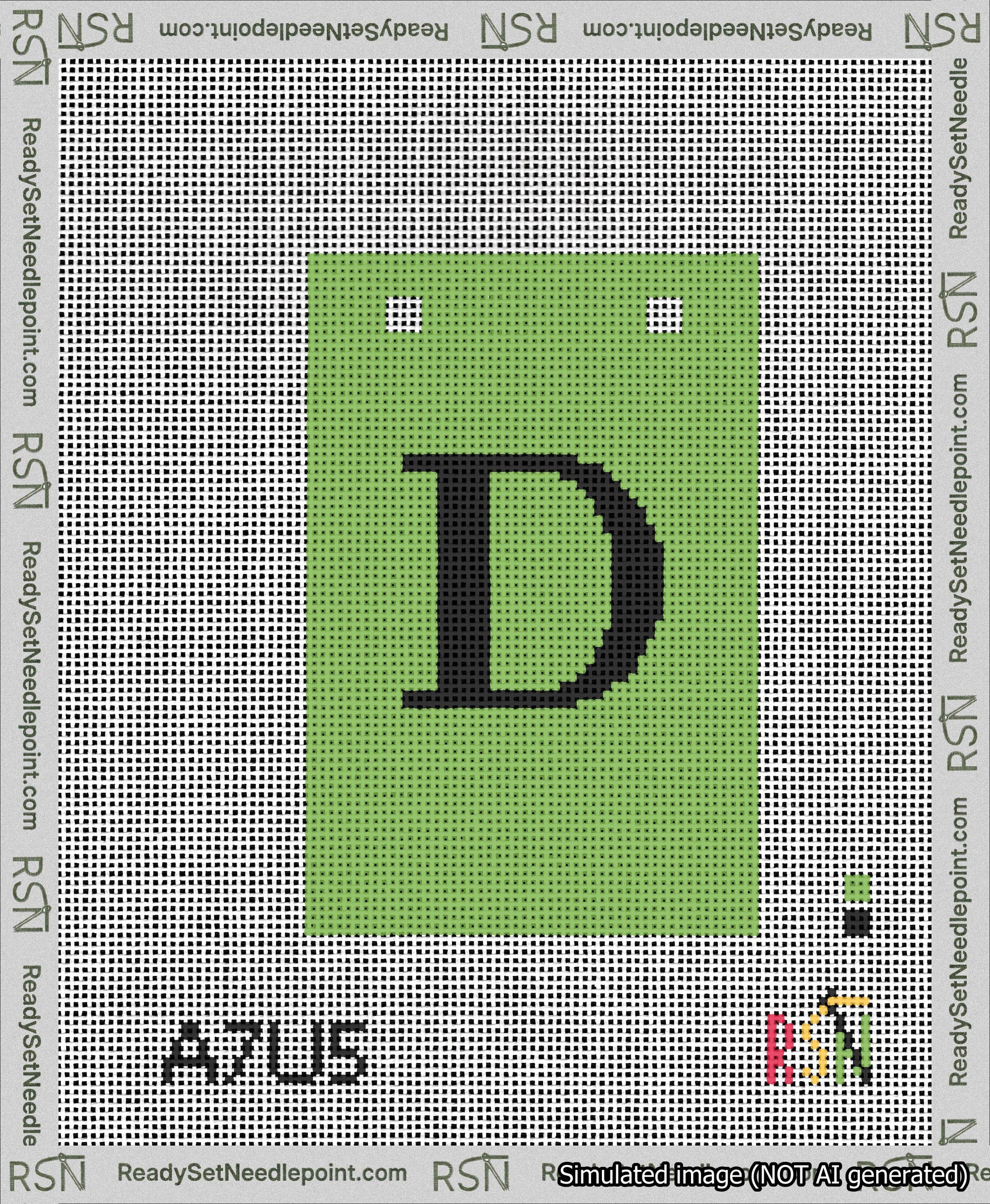 A taped needlepoint canvas with the design: Banner 13 mesh count Squared D Black on Light Green.