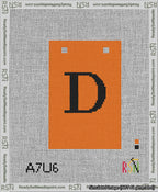 A taped needlepoint canvas with the design: Banner 13 mesh count Squared D Black on Orange.