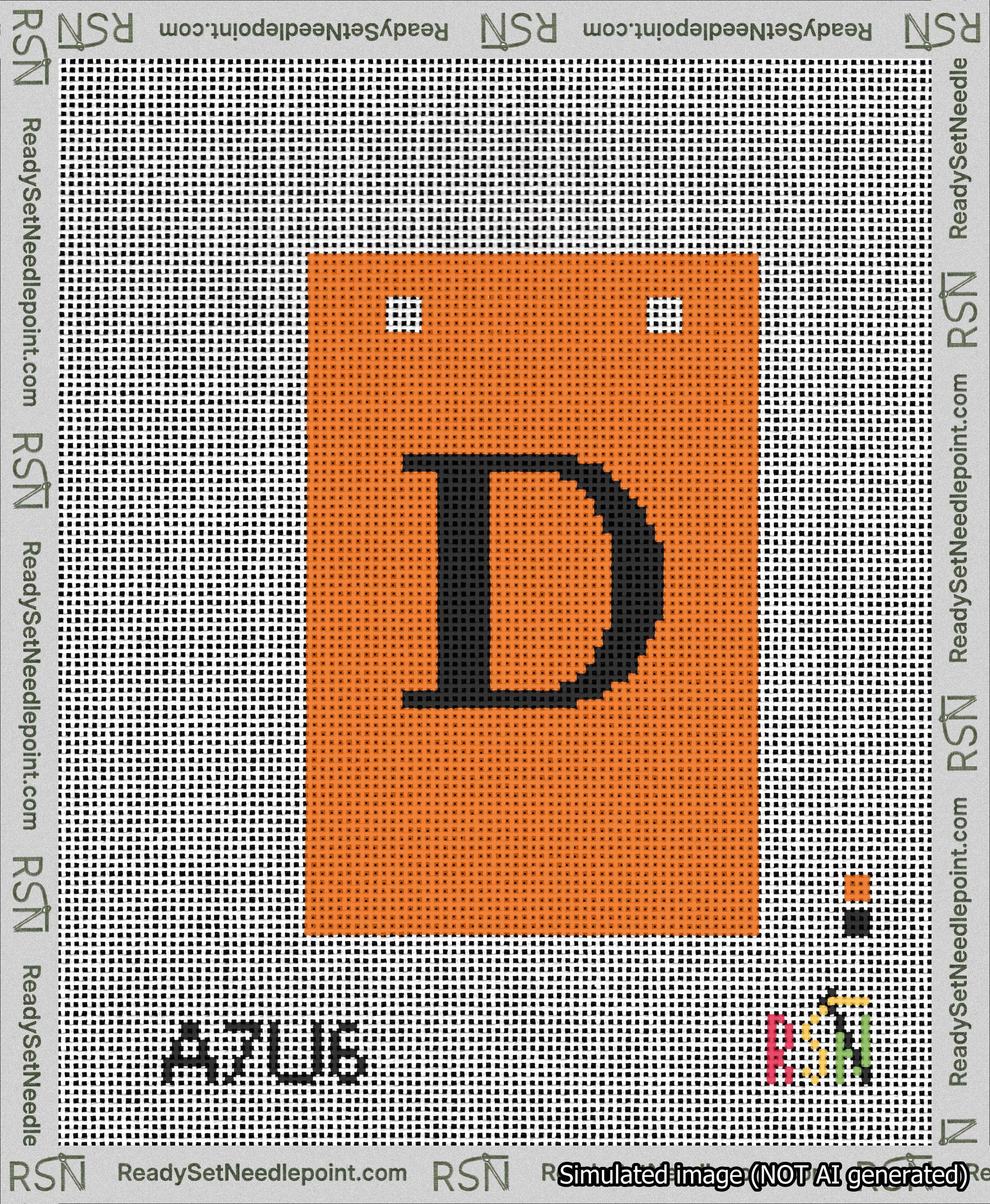 A taped needlepoint canvas with the design: Banner 13 mesh count Squared D Black on Orange.
