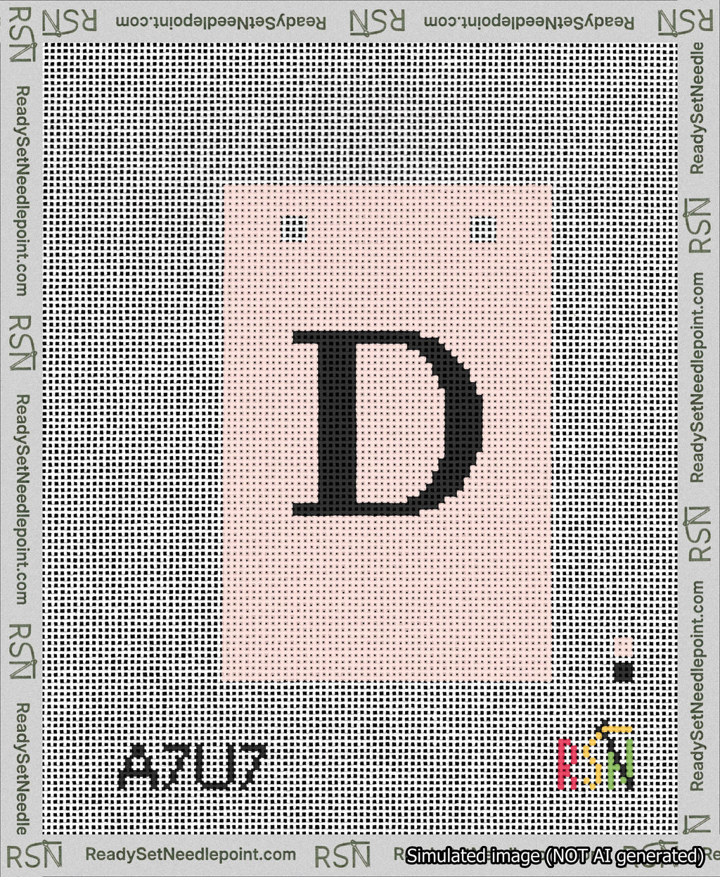 A taped needlepoint canvas with the design: Banner 13 mesh count Squared D Black on Pink.