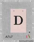 A taped needlepoint canvas with the design: Banner 13 mesh count Squared D Black on Pink.