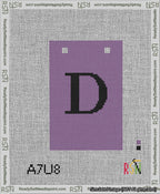 A taped needlepoint canvas with the design: Banner 13 mesh count Squared D Black on Purple.