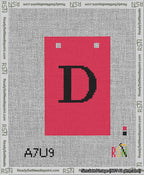 A taped needlepoint canvas with the design: Banner 13 mesh count Squared D Black on Red.