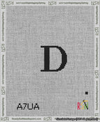 A taped needlepoint canvas with the design: Banner 13 mesh count Squared D Black on White.